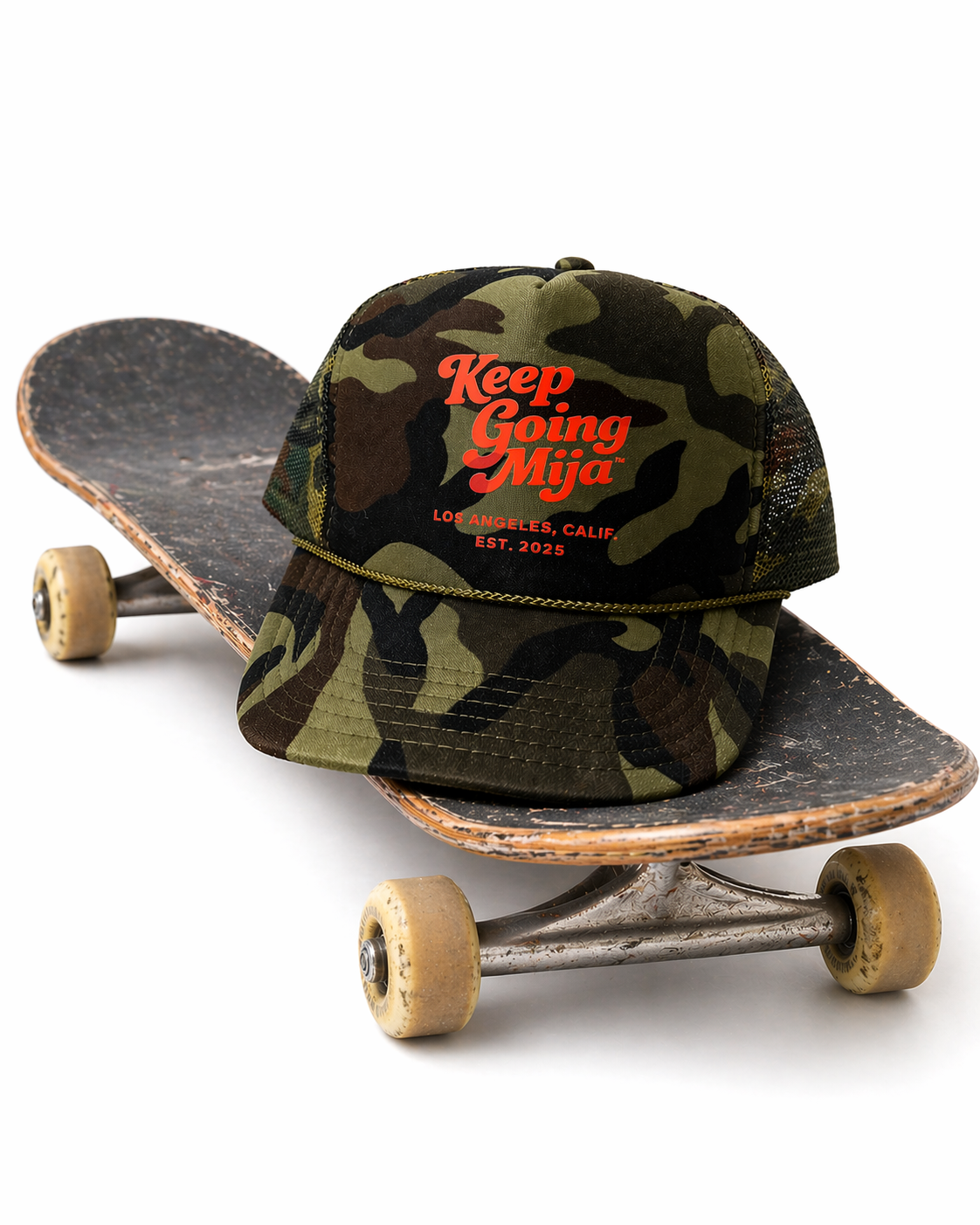Keep Going, Mija™ Camo Trucker Hat – Coral Orange Print