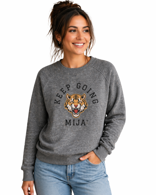 Keep Going, Mija™ Vintage Tiger Fitted Raglan Crewneck Sweatshirt