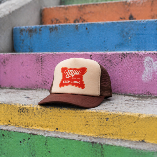 Keep Going, Mija™ Two-Tone Trucker Hat – Tan/Brown