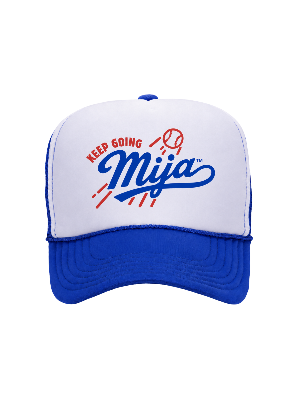 Title: Keep Going, Mija™ Baseball Trucker Hat – Royal Blue