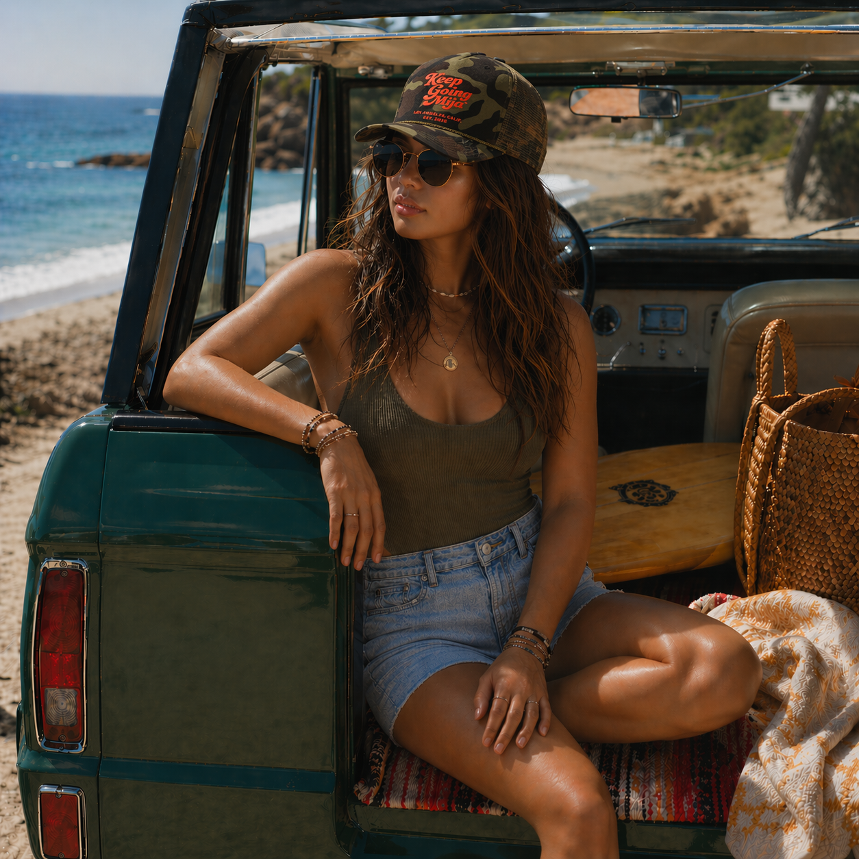 Keep Going, Mija™ Camo Trucker Hat – Coral Orange Print