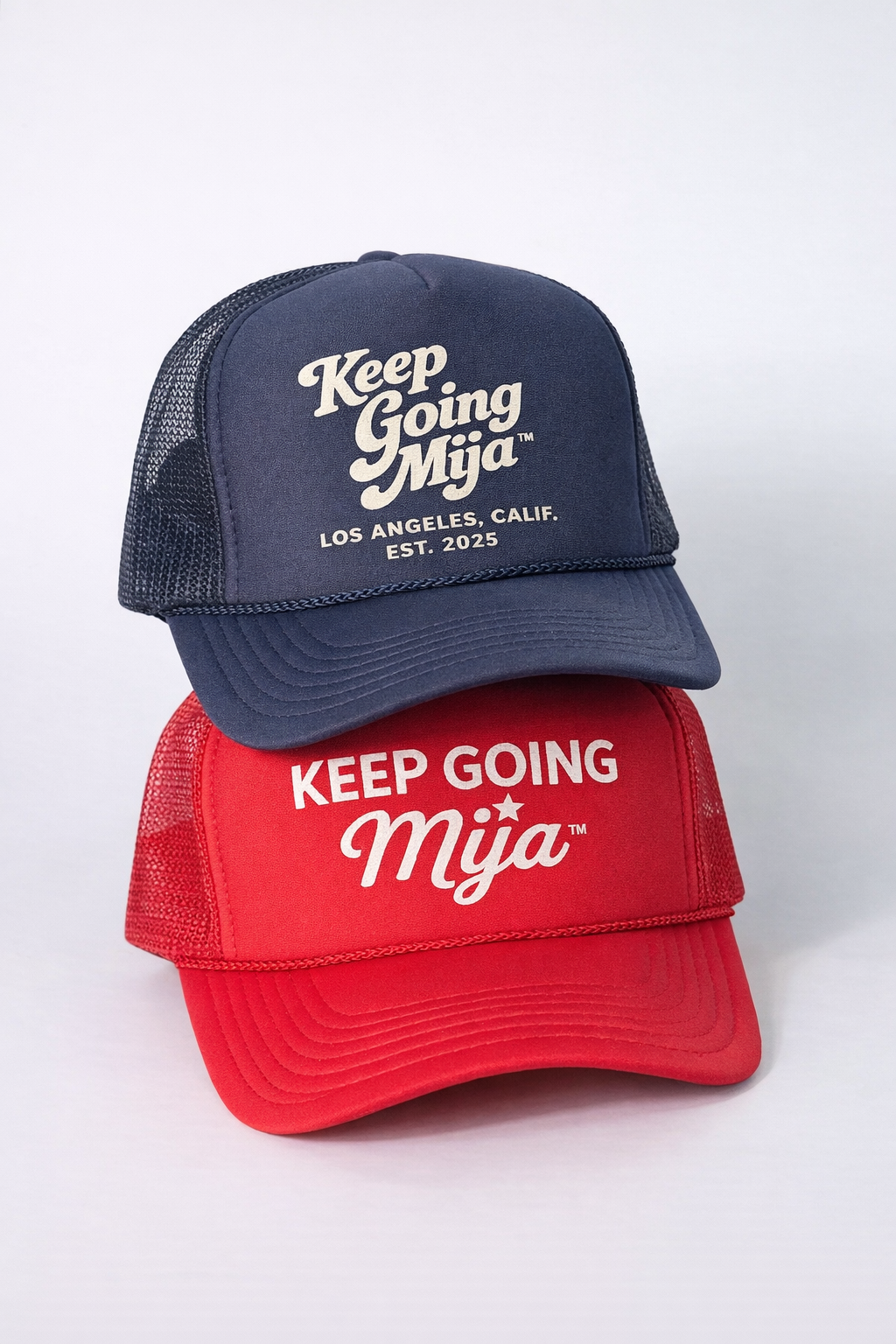 Keep Going, Mija™ Navy Trucker Hat – White Print