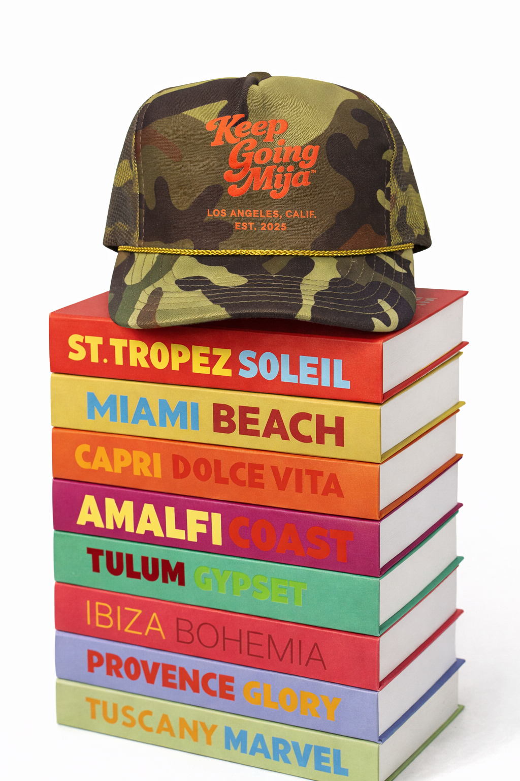 Keep Going, Mija™ Camo Trucker Hat – Coral Orange Print