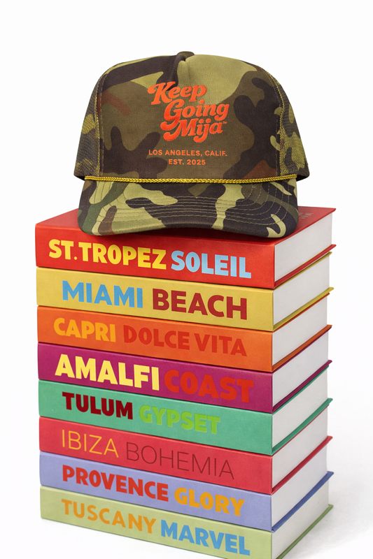 Keep Going, Mija™ Camo Trucker Hat – Coral Orange Print
