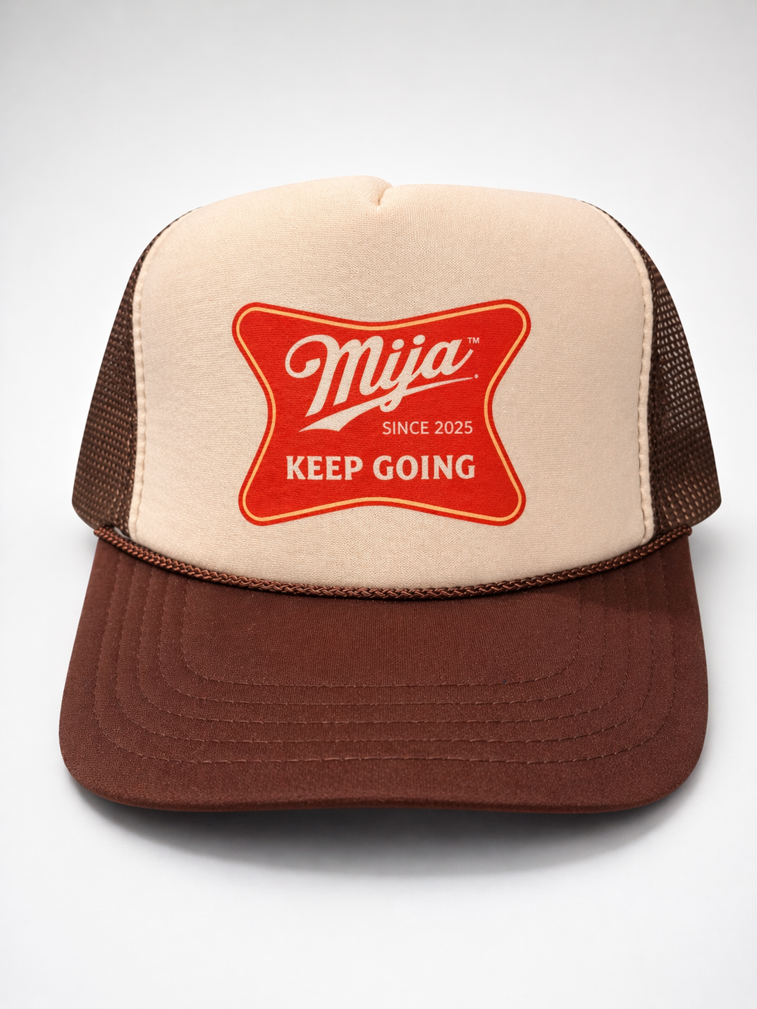 Keep Going, Mija™ Two-Tone Trucker Hat – Tan/Brown