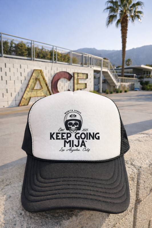 Keep Going, Mija™ Skull Trucker Hat – Black & White Snapback