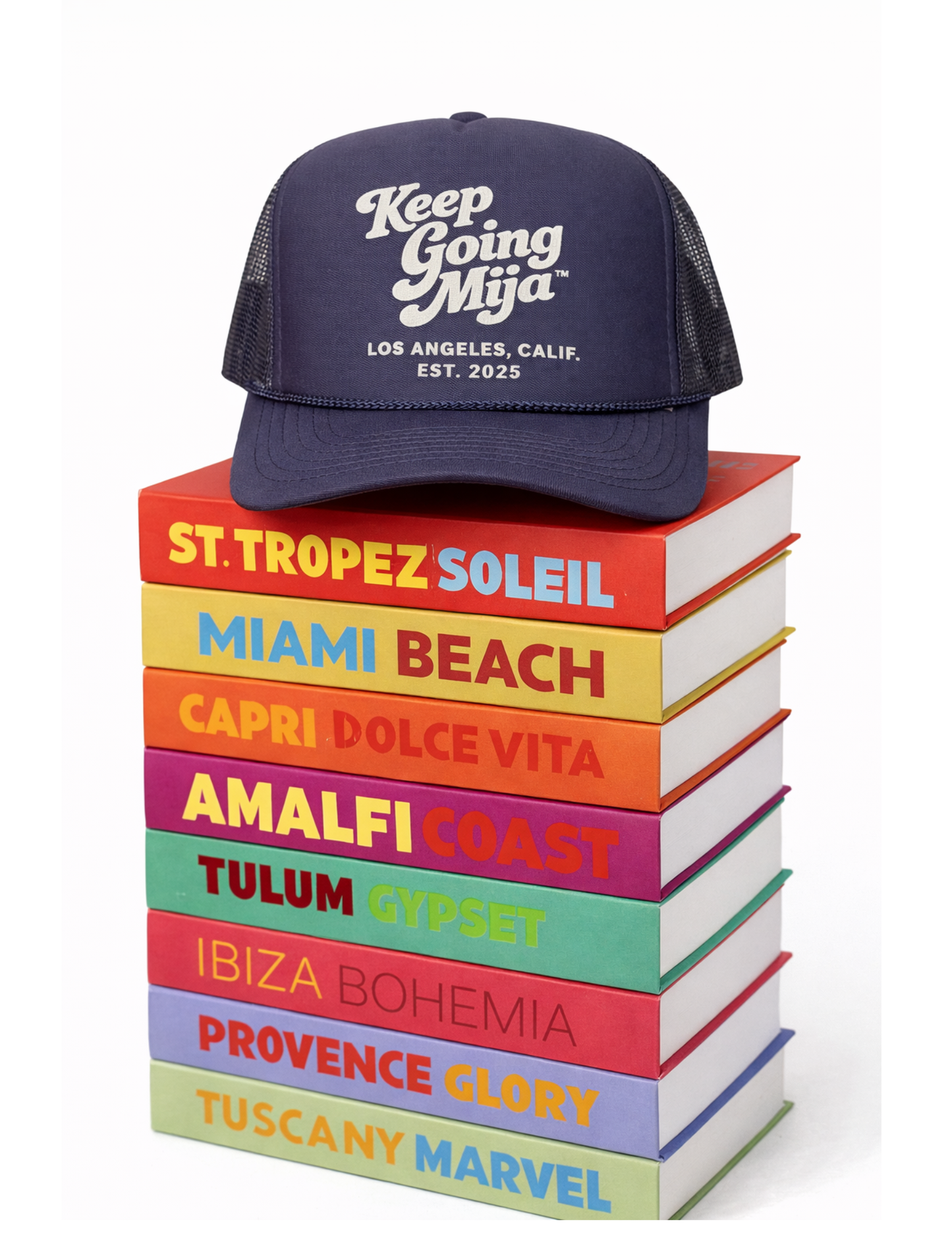 Keep Going, Mija™ Navy Trucker Hat – White Print