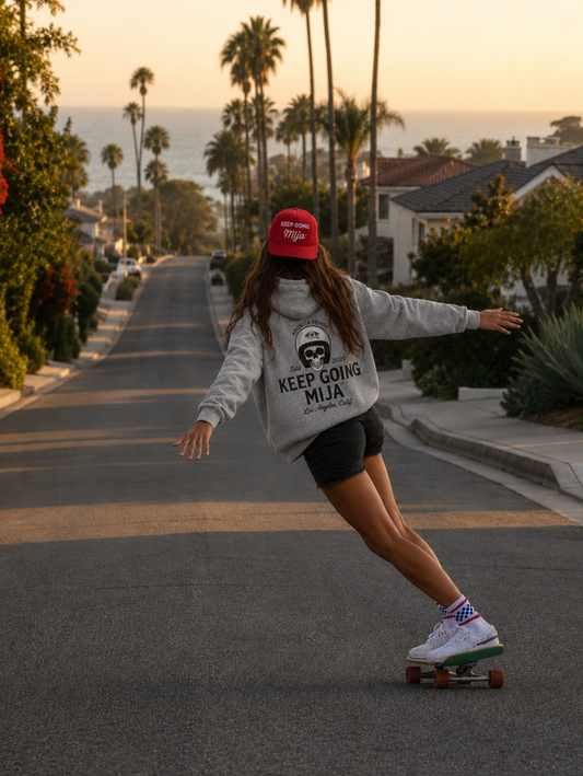 Keep Going, Mija™ Pullover Oversized Hoodie — Vintage Moto Skull