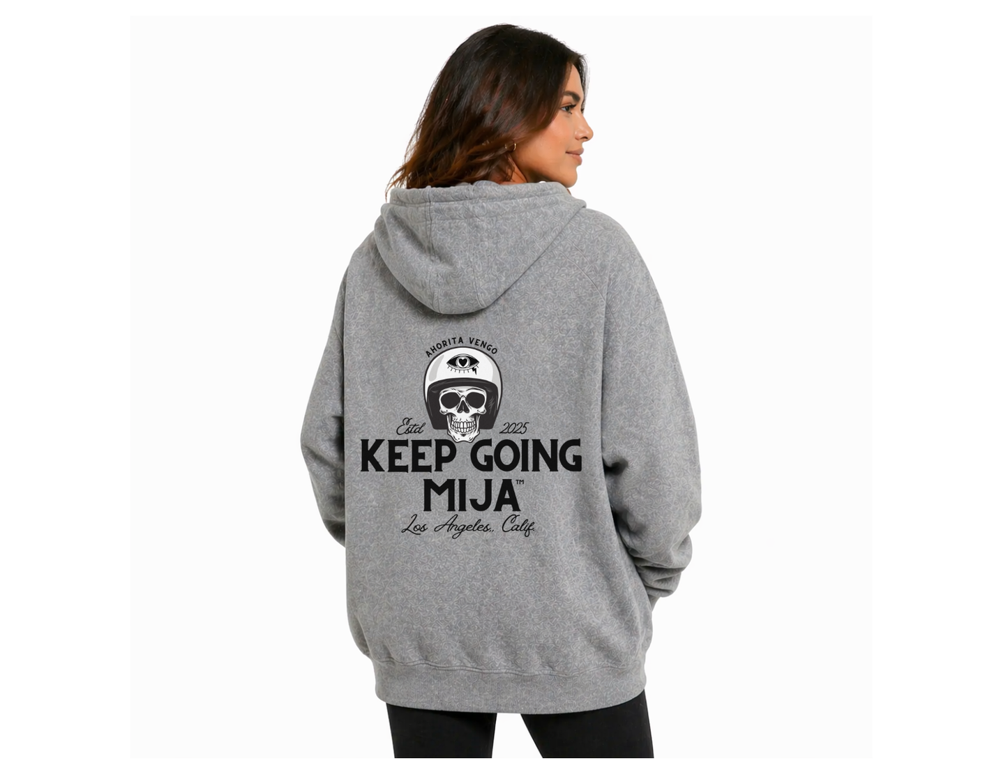 Keep Going, Mija™ Pullover Oversized Hoodie — Vintage Moto Skull
